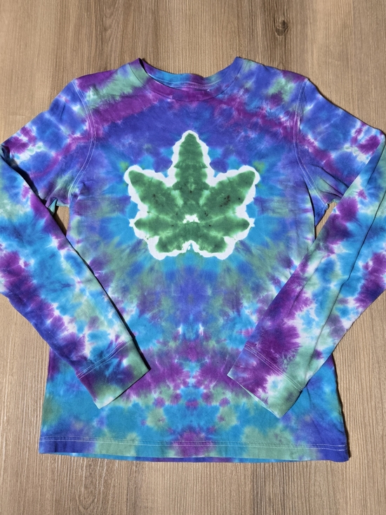 Hand Crafted Tops - Tie-Dye Long Sleeve Tee with Green Pot Leaf Motif